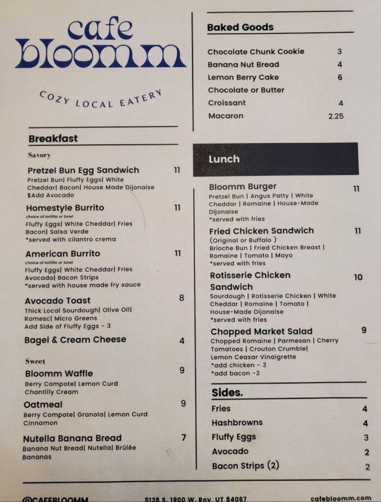 Bloomm Cafe - menu