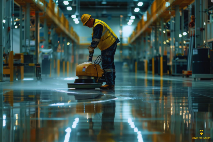 Worker in yellow safety vest and helmet operating a floor polishing machine in a large industrial facility with wet reflections on the floor.