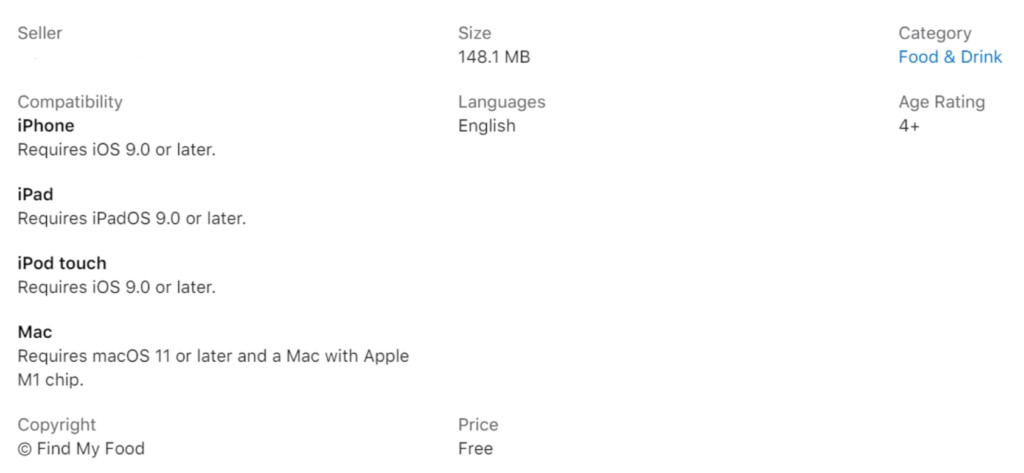 Find My Food - App Specs