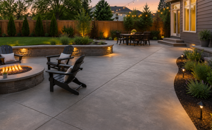 Evening backyard patio with a circular fire pit, Adirondack chairs, and string lights over a dining area by a house garden.