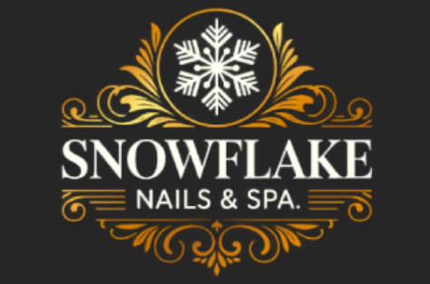 Logo for Snowflake Nails & Spa featuring a white snowflake in a circle with gold ornamental swirls on a dark background.